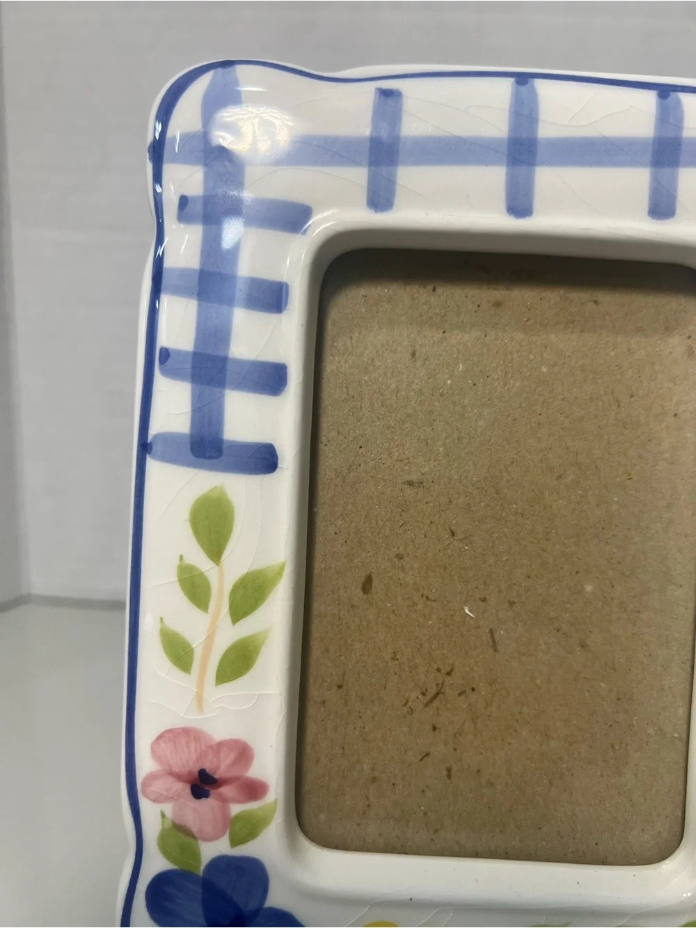 Ceramic Triple Photo Frame 8x6 Blue Plaid Floral Collage Cottage Decor